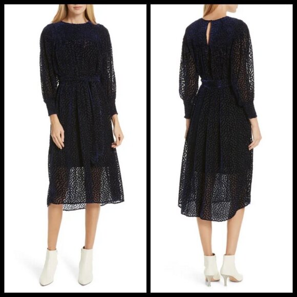 💕THE GREAT💕 The Merry Dress ~ Navy Blue Velvet Burnout Polka Dot Midi M NWT - Picture 6 of 16